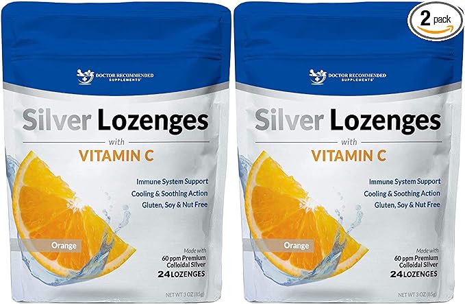 Silver Lozenges with Vitamin C - Premium Nano Silver 60 PPM Colloidal Silver, Organic Honey and Vitamin C Mineral Supplement Drops to Support Immune System, Soothe Cough & Throat - Pack of 2