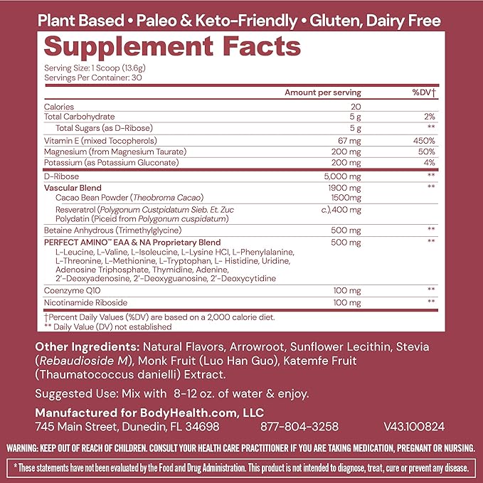 BodyHealth Cardio Vascular with PerfectAmino, Blood Flow and Heart Health Supplement Support with CoQ10, Nicotinamide Riboside, Resveratrol and D-Ribose, Chocolate Flavor, 30 Servings