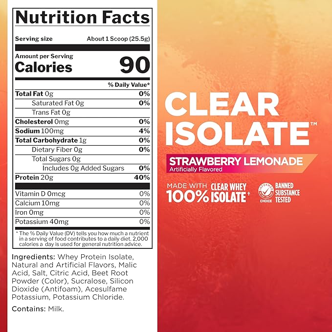 Rule 1 Clear Whey Isolate - 20g All-whey Isolate Protein, Over 9g EAAs, 300mg of Electrolyte Minerals, 90 Calories, Light, Crisp, and Refreshing Taste (27 Servings, Strawberry Lemonade)