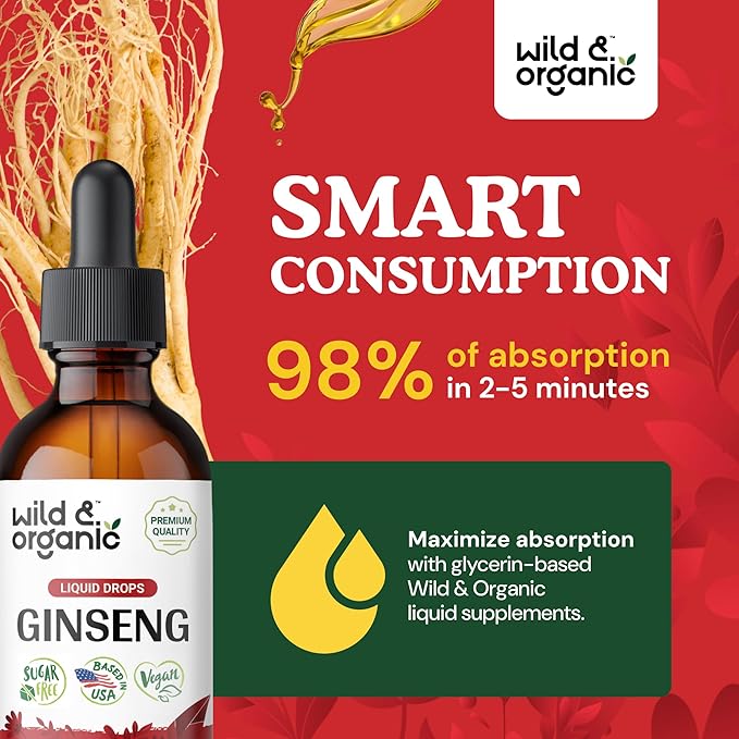 Wild & Organic Korean Red Ginseng Extract Drops - Panax Ginseng Supplement for Immune Support - Liquid Root Tincture for Overall Well-Being - Vegan, Sugar & Alcohol-Free - 2 fl oz
