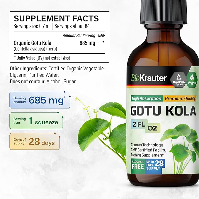 BIO KRAUTER Gotu Kola Tincture - Centella Asiatica Extract - Alcohol and Sugar Free Gotu Kola Extract - Vegan Drops 2 Fl.Oz.
