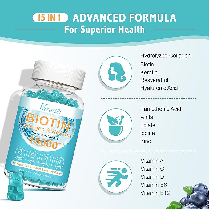 Biotin and Collagen Gummies with B12, Hair Skin and Nails Vitamins Gummies for Hair Growth, Glowing Skin & Strong Nails - Blueberry Flavor, Sugar Free, 60 Ct