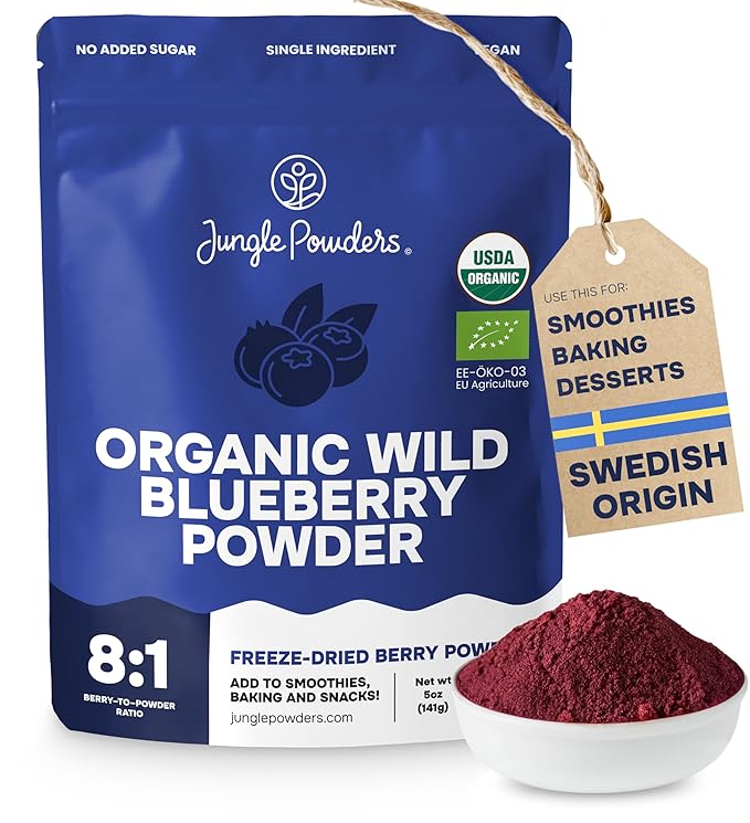 Jungle Powders Wild Blueberry Powder Organic 5 Ounce Bag USDA Certified - Antioxidant Rich Smoothies Freeze Dried Blueberries Organic Blueberry Extract for Baking From Whole Dried Organic Blueberries