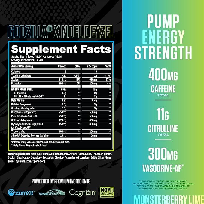 RYSE Godzilla X Noel Deyzel Pre Workout Powder - Monsterberry Lime - 400mg Caffeine, High Stim Pre-Workout for Men & Women with Citrulline & Beta Alanine - Energy, Pump & Focus - 20/40 Servings
