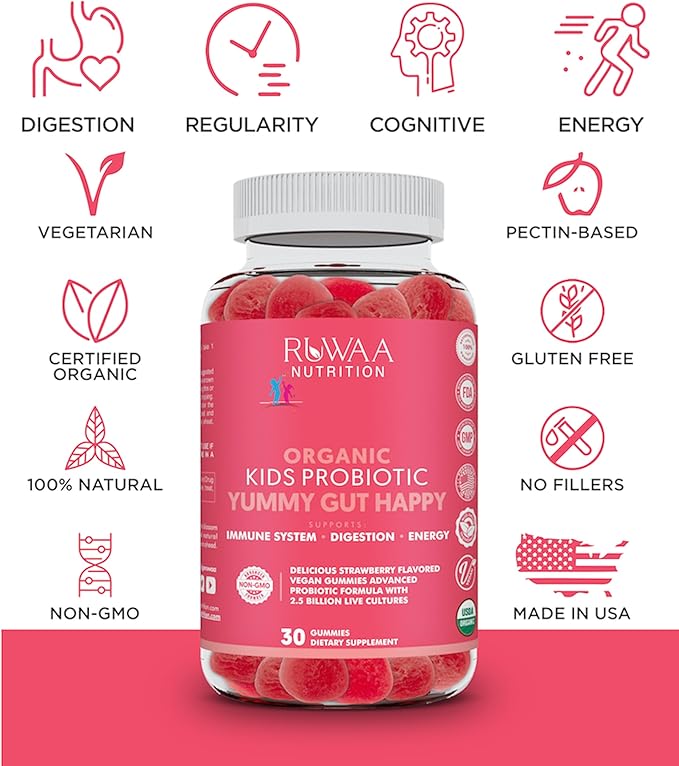 Probiotic Gummies. Organic Kids Probiotic Chewable for Digestive Health & Immunity. Kids Pre & Probiotics Vitamins. No Allergens, Gluten-Free, Non-GMO, Probiotic for Children 60ct (2)