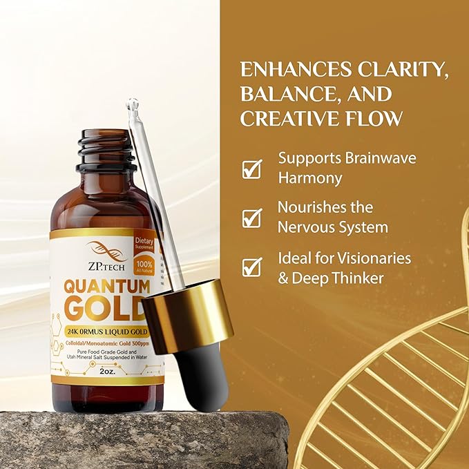 Quantum Gold 24K Ormus Gold Liquid | Pure Ormus Colloidal Monoatomic Gold Liquid and Utah Mineral Salts, 2oz. | Decalcify Pineal Gland, Supports Anti-Aging, Meditation, Yoga, Activate Third Eye.
