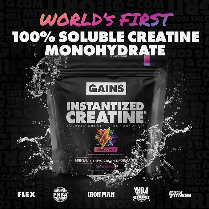 Gains in Bulk Instantized Creatine Monohydrate for Women and Men, Soluble Pre Workout Powder, Supports Muscle Building, Strength and Performance, Bodybuilding Supplements, Sour Gummy, 30 Servings