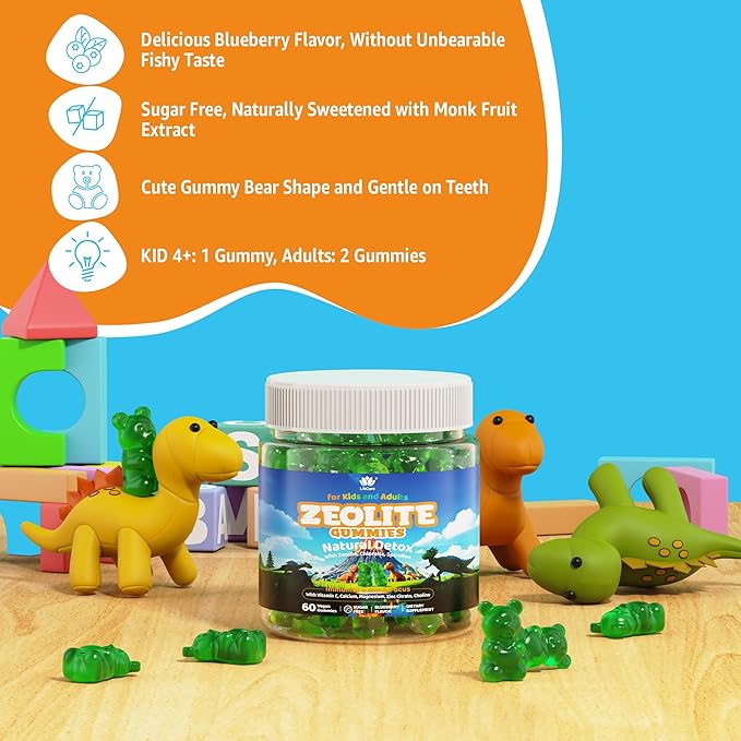 Zeolite Gummies for Kids & Adults, Sugar Free Zeolite Detox Supplements w/ Chlorella, Spirulina, Minerals, Choline - Gentle Body Detox & Cleanse, Gut Health, Immune, Focus, Energy, Bone, Vegan, 120cts