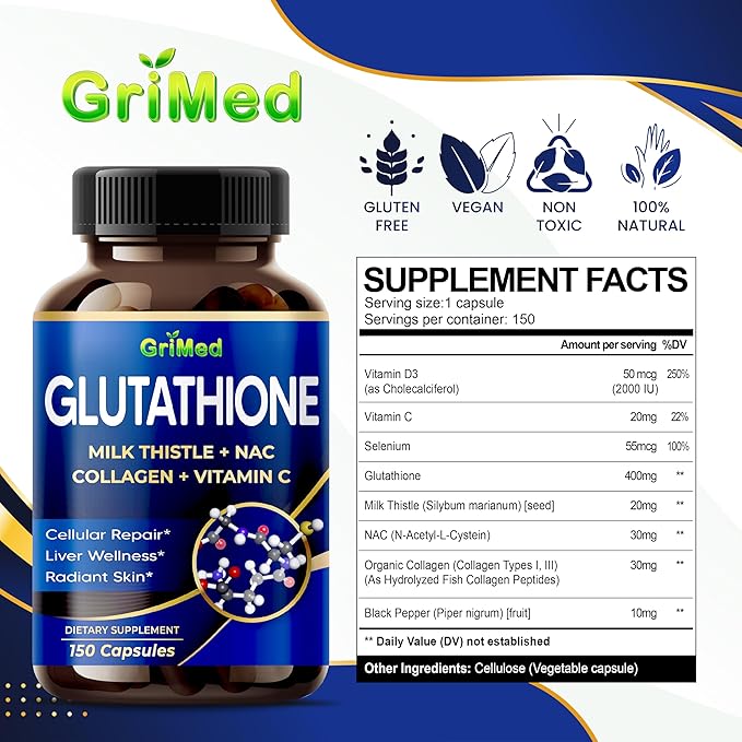 GriMed Glutathione 11,200mg - X10 Power with Milk Thistle, NAC, Collagen, Vitamin C - Cellular Wellness, Radiant Skin - USA Made & Tested (150 Count (Pack of 1))