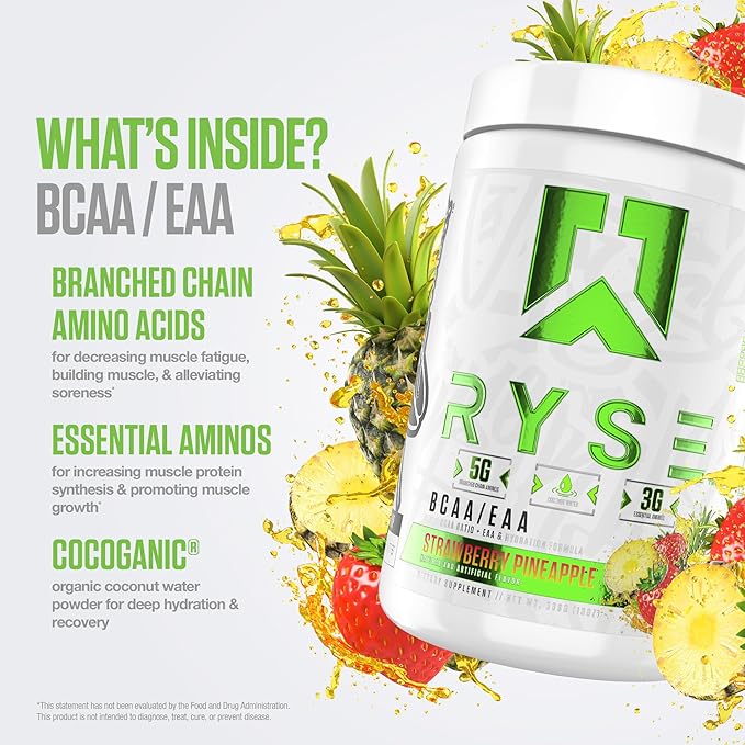 RYSE BCAA EAA Powder - Strawberry Pineapple - 5g Branched Chain Amino Acids, 3g Essential Aminos, Sugar-Free Electrolytes for Pre & Post Workout Muscle Recovery, Hydration and Strength - 30 Servings