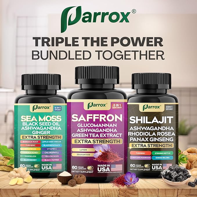 Vision Vitality Trio - Sea Moss, Black Seed Oil, Ashwagandha, Burdock Root, Saffron, Lutein, Zeaxanthin, Glucomannan, Green Tea Extract, Panax Ginseng, Ginkgo Biloba, Rhodiola Rosea, Turmeric