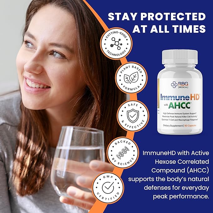 Immune-HD with AHCC Supplement for Immune Support,1500mg of AHCC Mushroom Extract + Olive Leaf & Quercetin with Bromelain, Natural Killer Cell Activity for Immune System, Liver Function, 90 Caps, RBG