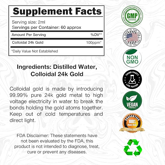 Liquid Colloidal Gold 24k 99.99% Pure 100ppm Ruby Red Water Based All Natural Electrolysis 4oz Glass Bottle