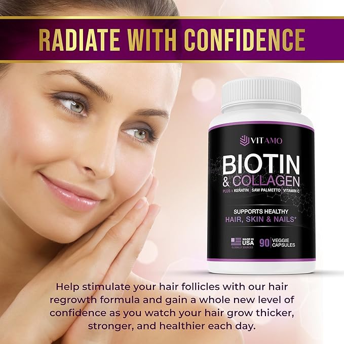 Vitamo Hair Growth Vitamins for Women | Hyaluronic Acid & 50,000 mcg B-Complex (B1, B2, B3, B6, B7) | Biotin and Collagen | Keratin – Advanced Supplement for Hair, Skin & Nails | 90 Capsules