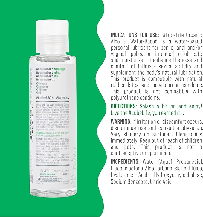 LubeLife Organic Aloe & Water Based Lube – Personal Lubricant for Women, Men & Couples – Toy & Condom Compatible, Hypoallergenic, Easy Clean Water Based Lubricant, 4 Fl Oz