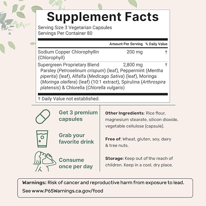 Micro Ingredients Chlorophyll Super Greens Complex | 240 Veggie Capsules with Parsley, Moringa, Spirulina, Chlorella & More | Internal Deodorant, Detox & Immune Support | Gluten-Free, No Additives