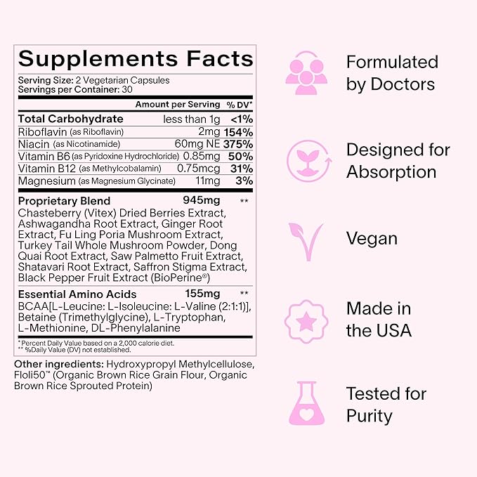 Daily Hormone Balance Capsules - Targeted Women's Health Supplement - Adaptogens, Vitamins, Functional Mushrooms, Amino Acids - Science-Backed, Plant-Based, Naturally-Effective - 60 Capsules