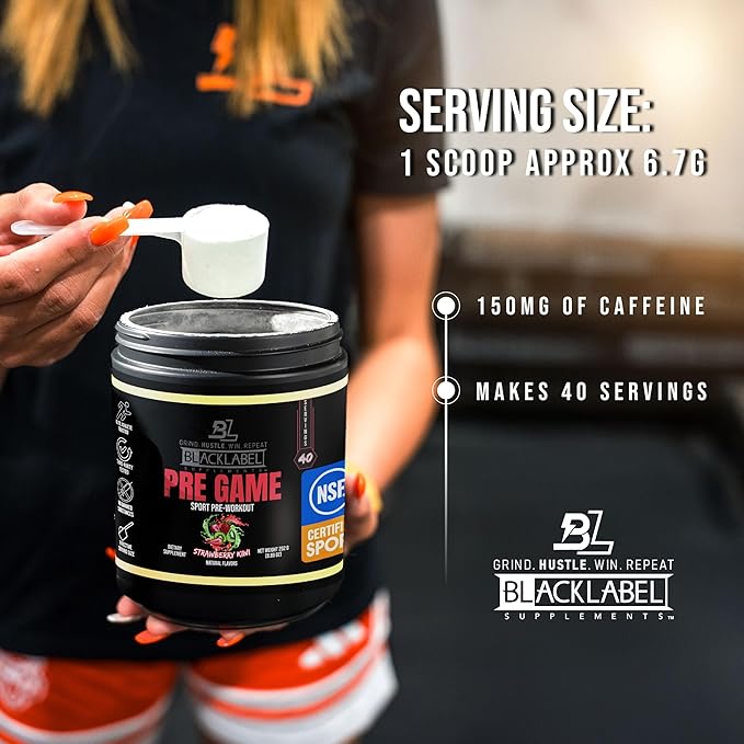 BLACKLABEL Supplements PRE-Game Pre Workout Powder, Strawberry Kiwi (40 Servings) – NSF Certified for Sport – Customizable 150mg Caffeine for Energy & Focus – Low-Stimulant Pre Workout for Men Women