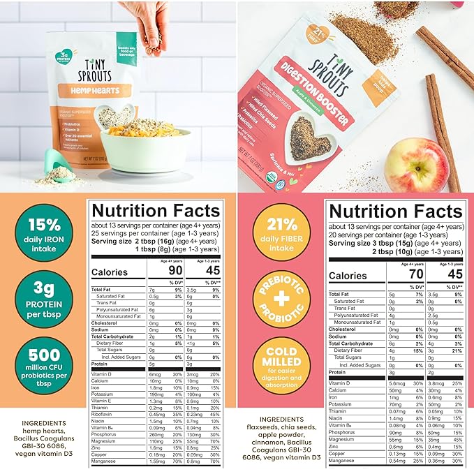 Superseed Variety Pack with Vitamin D + PROBIOTICS, Omega-3s Prebiotic Fiber Protein, Seeds for 6M+ Babies Toddlers & Kids for Immune & Digestive Support (7oz x 4 Pack - Flax, Chia, Hemp, Blend)