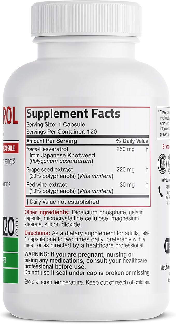 Bronson Resveratrol 500 Complex Standardized Trans-Resveratrol + Grape Seed & Red Wine Extract, 120 Capsules