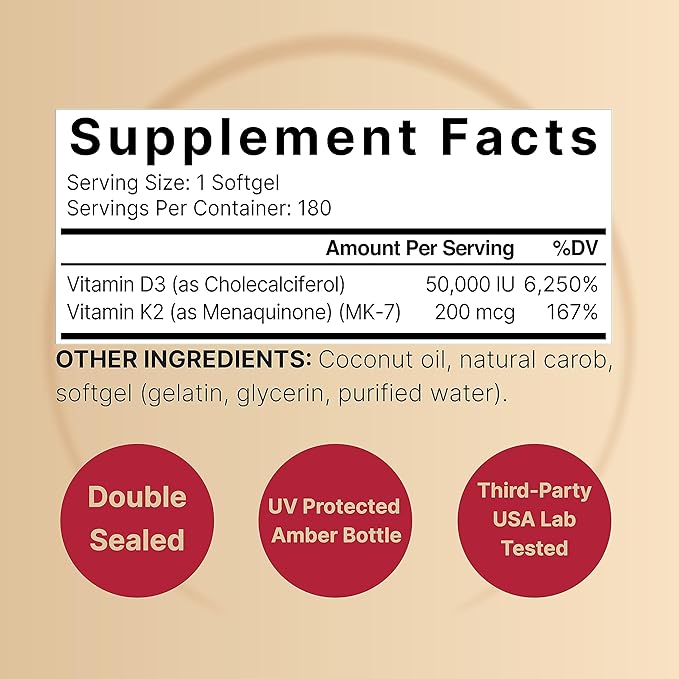 NatureBell Vitamin D3 50,000 IU + K2 200 mcg, 180 Softgels | Once-Weekly Formula with Coconut Oil | Max Strength Bone, Heart & Immune Support | MK-7 Form | Non-GMO