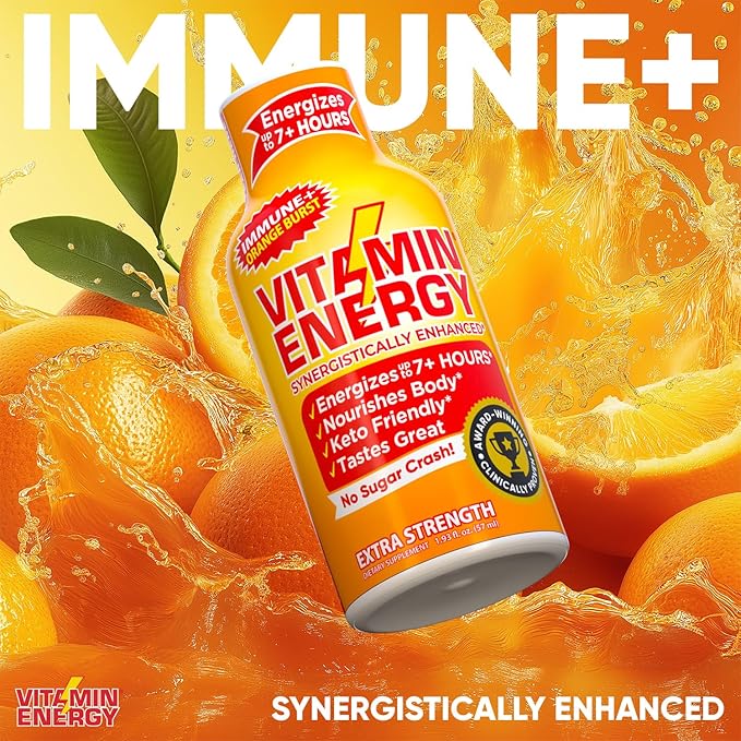Vitamin Energy Immune+ Extra Strength Energy Shot Orange Burst 24 Pack, 260mg Natural Caffeine, B-Vitamins, Citicoline, Green Tea, Immunity & Focus Support, Zero Sugar, Gluten-Free 1.93 fl oz
