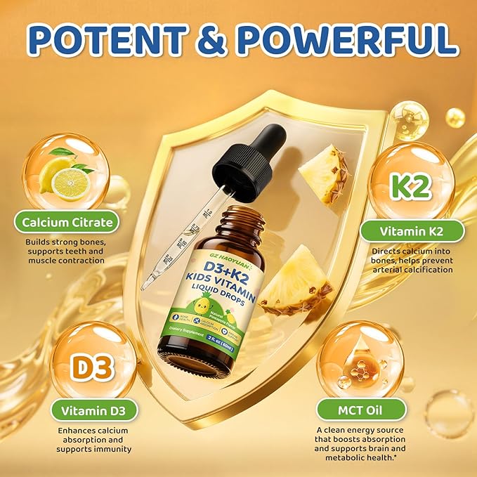 Kids Vitamin D3 K2 Drops, Vitamin D3 K2 (MK-7) Supplement with Calcium for Kids & Adults - Support Strong Bones, Teeth & Immune, Sugar Free Pineapple Flavor 2 FL OZ