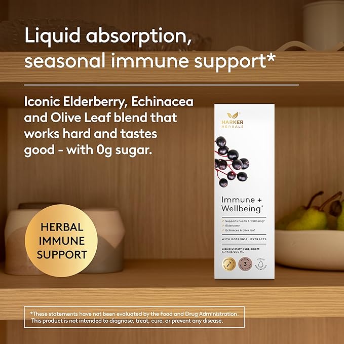 Immune + Wellbeing, Herbal Immune Support Syrup, with Elderberry, Echinacea & Olive Leaf, Liquid Absorption, Great Tasting Wild Berry Flavor, Alcohol-Free, Plant-Based, 6.7 fl oz