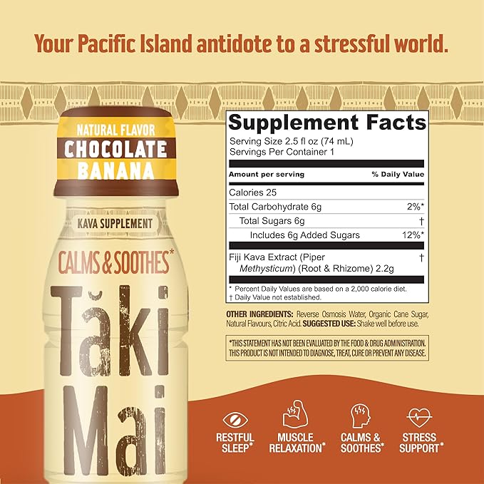 Taki Mai Chocolate Banana Kava Kava 2.5 oz (24-pack) Shots – Noble Kava Root Drink, Ready to Drink for Stress Support & Relaxation, Fast Acting Herbal Support for Calming Better Sleep and Balanced Mood
