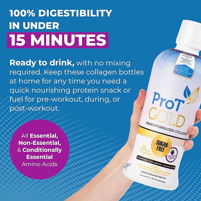 Liquid Collagen Protein Shot, 17g Clear Protein Nano-Hydrolyzed Grass Fed Collagen, 2g Arginine for Wound Support, Gluten Free, Sugar Free, 0g Carbs, Non GMO, Berry, 30 fl oz Bottle