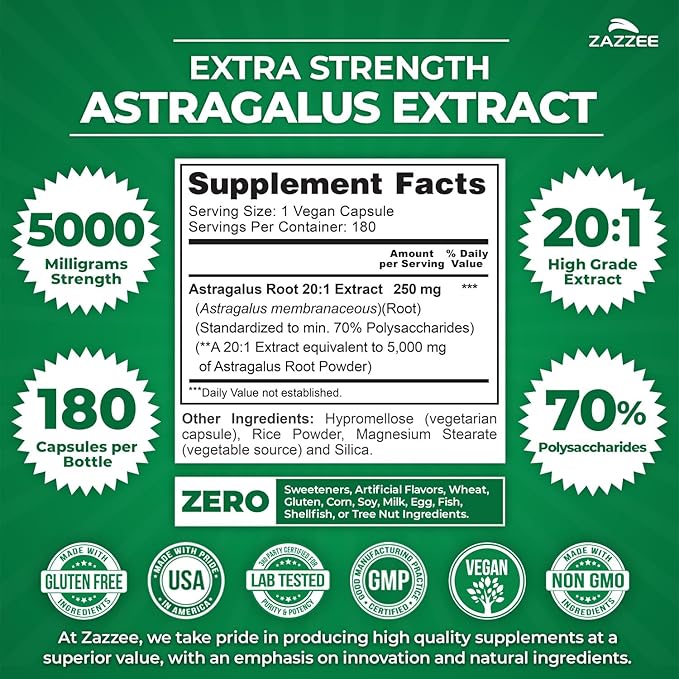 Zazzee Extra Strength Astragalus Root 20:1 Extract, 5000 mg Strength, 70% Polysaccharides, 180 Vegan Capsules, 6 Month Supply, 100% Vegetarian, Standardized and Concentrated 20X Extract, Non-GMO