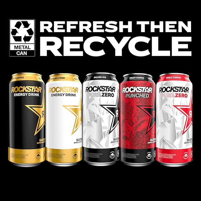 Rockstar Pure Zero Energy Drink, Strawberry Peach, 0 Sugar, with Caffeine and Taurine, 16oz Cans (12 Pack)
