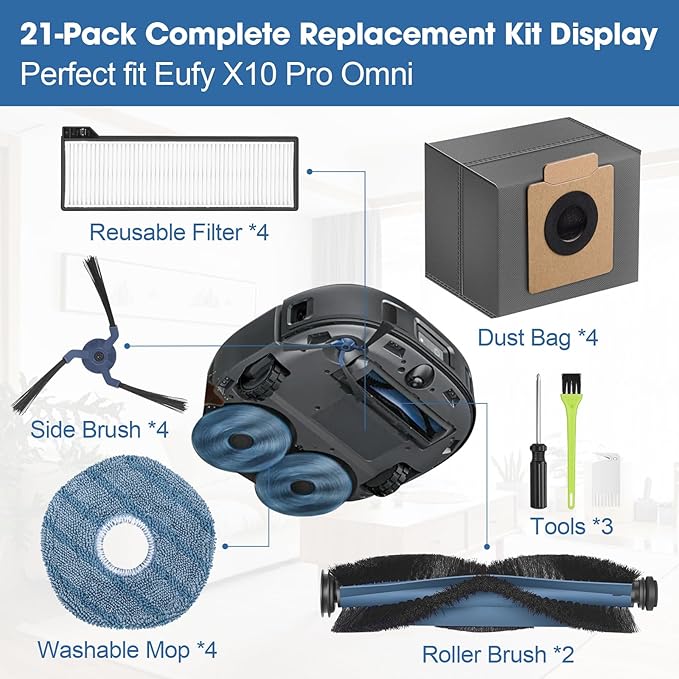 21-Pack X10 Pro Omni Replacement Accessories Kit Compatible with Eufy X10 Pro Omni Robot Vacuum Cleaner Includes Main Brushes, Filters, Dust Bags, Mop Pads, Side Brushes, Cleaning Tools