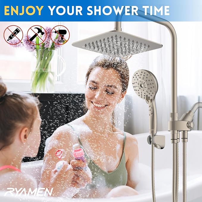 8" Dual Shower Head Combo, High Pressure Rainfall Shower Head with Handheld, 6 Spray Settings Angle Adjustable Handheld Shower Head with Pause, Height Adjustable, Brushed Nickel
