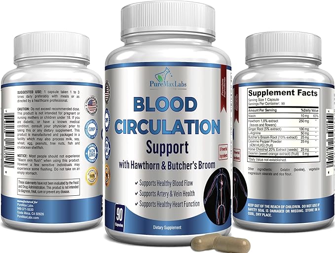 Blood Circulation Supplement - with Hawthorn, Butchers Broom, Horse Chestnut, Arginine, Diosmin, Varicose Veins Treatment, Circulation Support - 90 Capsules