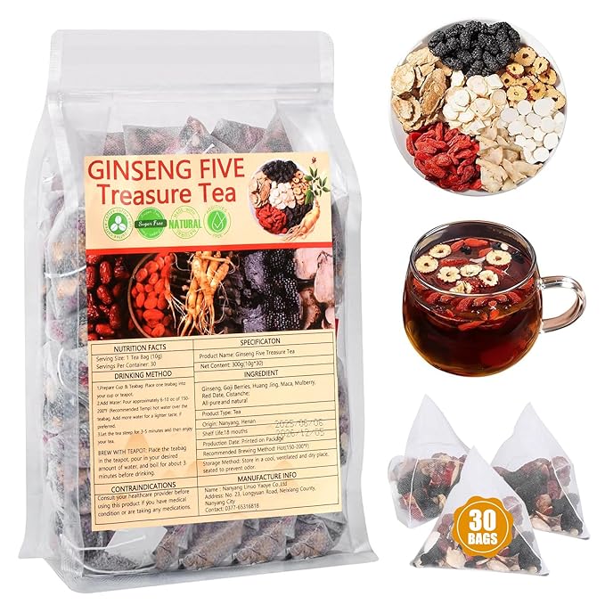 Ginseng Five Treasure Tea Kidney Tea 30 Bags, Formula Traditional Chinese Herbal Kidney Cleanse Detox Repair for Women & Men