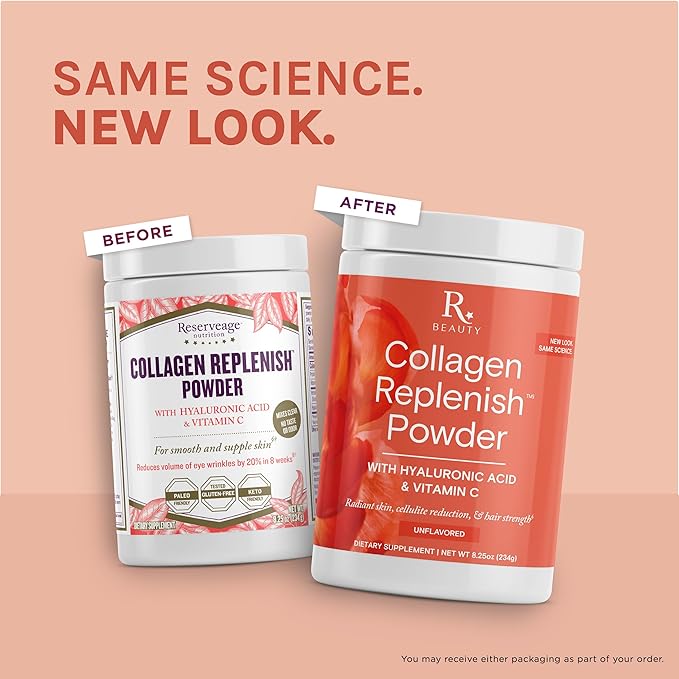 Reserveage Nutrition Collagen Replenish Powder with Hyaluronic Acid & Vitamin C - No-Taste Collagen for Radiant Skin Care, Hair Growth & Cellulite Reduction - Mixes Easily - 8.25 oz