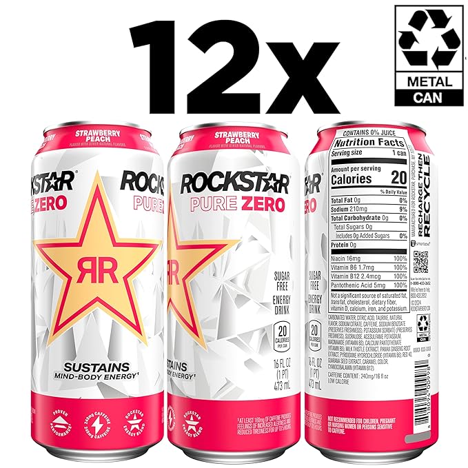 Rockstar Pure Zero Energy Drink, Strawberry Peach, 0 Sugar, with Caffeine and Taurine, 16oz Cans (12 Pack)