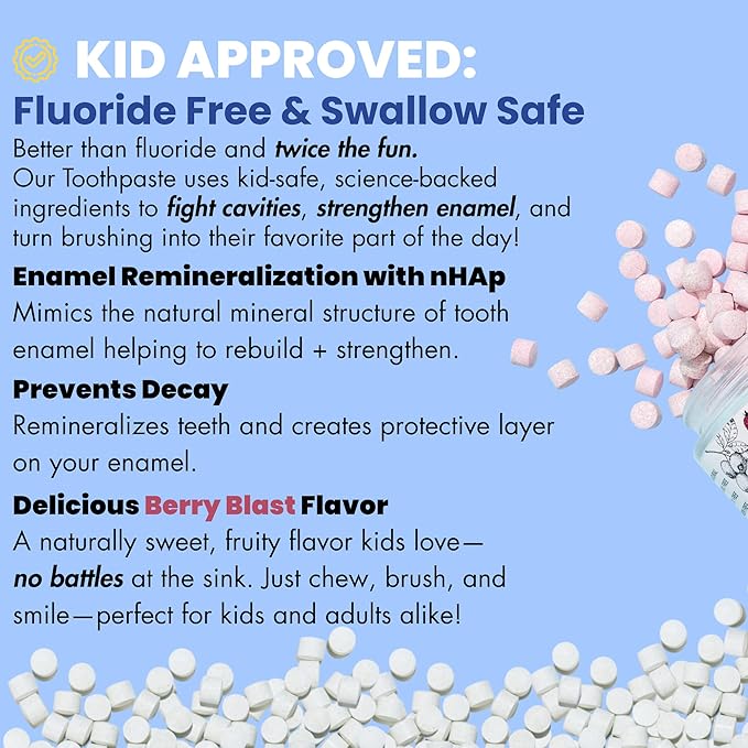 Vital Toothpaste Tabs with Nano-Hydroxyapatite | Berry Blast | Remineralizes Teeth | Kids Love It! | Fluoride Free | Plastic Free & Eco Friendly | Travel & TSA Approved | 62 Tablets (1 Month)