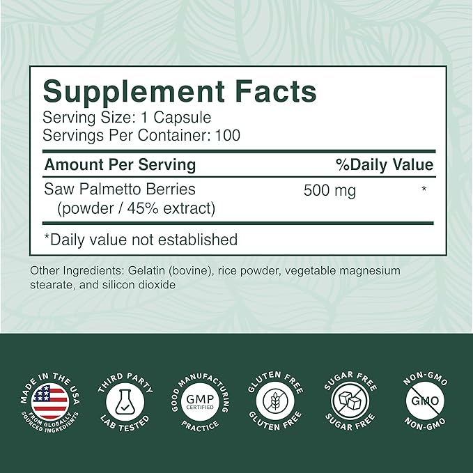 PurePremium Saw Palmetto 500 mg for Men/Women – Maximum Strength Saw Palmetto Extract | Powder Capsules Supplement - Support Normal Urinary Tract, Prostate Health/Hair - 3 Months Supply - 100 Tablets