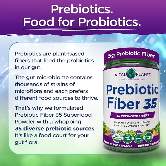 Vital Planet - Fiber 35 Powder Diverse Fiber Supplement for Dietary Support and Occasional Constipation with 35 Prebiotic Fibers and 35 Organic Superfoods to Maintain Bowel Regularity, 6.77 oz