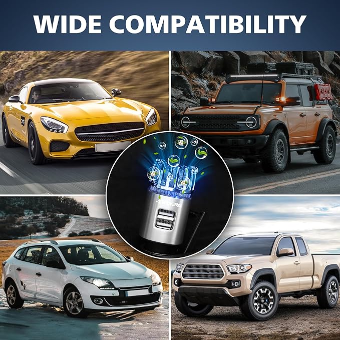 Car Air Purifier Ionizer, 12V Plug-in Car Air Freshener Gadgets with Dual USB Charger Removes Cigarette Smoke, Pet and Food Odor, Ionic Ozone (Silver)