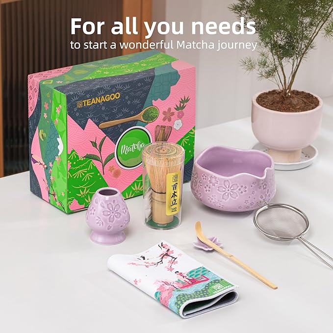 TEANAGOO 7-PCS Purple Matcha Whisk Set with Cherry Blossom Design, Complete Ceremony Kit, Ceramic Chawan Bowl with Spout, Whisk & Accessories, Traditional Matcha Tea Set for Lattes& Gift Giving