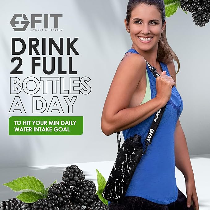 FIT Strong & Healthy 32 oz Glass Water Bottle with Straw Lid, Time Marker, Sleeve & Extra Lid - Motivational, Wide Mouth 1 Liter Glass Drinking Bottle