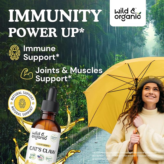 Wild & Organic Cats Claw Tincture - Immune Support Supplement - Liquid Cats Claw Supplement - Vegan, Sugar & Alcohol-Free Bark Extract Drops - 2 fl oz