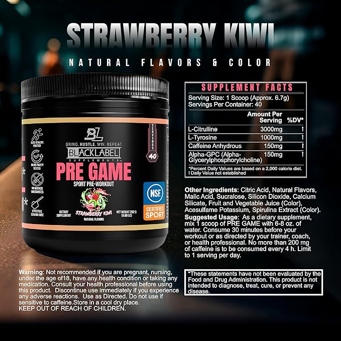 BLACKLABEL Supplements PRE-Game Pre Workout Powder, Strawberry Kiwi (40 Servings) – NSF Certified for Sport – Customizable 150mg Caffeine for Energy & Focus – Low-Stimulant Pre Workout for Men Women
