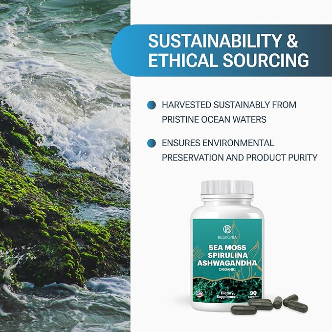 Sea Moss with Spirulina and Ashwagandha Blend Capsules, Mood, Immune Support & Stress Relief, Micro Ingredients & Antioxidants Source โ Non-GMO, Vegan Superfood Supplement, 90 Count