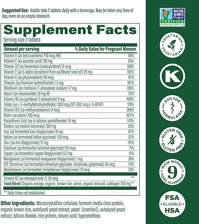MegaFood Baby & Me 2 Prenatal Vitamin and Minerals - Vitamins for Women - with Folate (Folic Acid Natural Form), Choline, Iron, Iodine, and Vitamin C, Vitamin D and more - 60 Tabs (30 Servings)