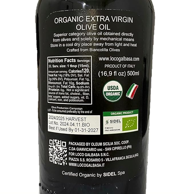 Galbasa - Organic Olive Oil from Sicily, Italy - Extra Virgin, First Cold Pressed, Early Harvest - Polyphenol Rich, Peppery Finish, No Pesticides - 16.9 fl oz