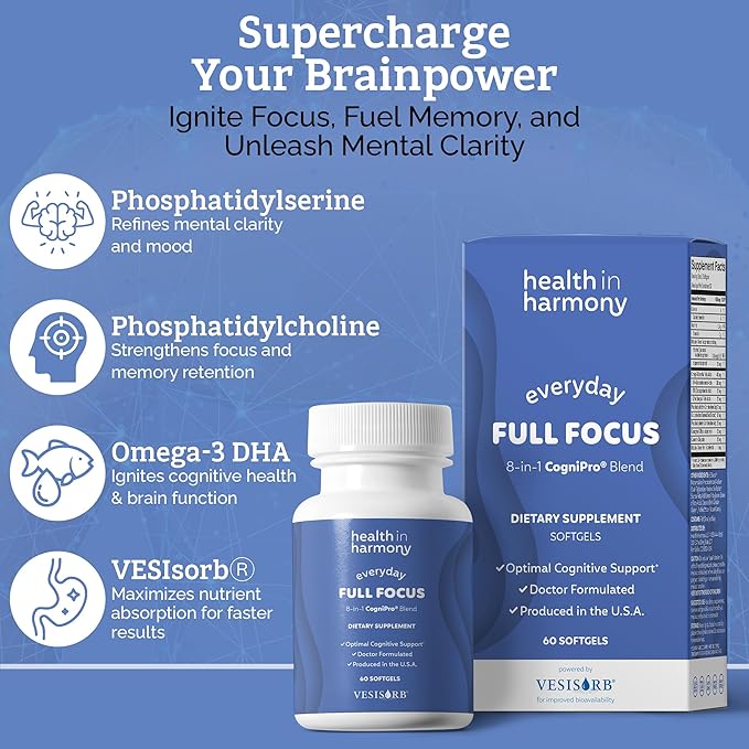 Everyday Full Focus - 8 Super Antioxidants for Cognitive Support (Omega-3 DHA, Phosphatidylcholine & Phosphatidylserine) & utilizes VESIsorb® (60 ct)